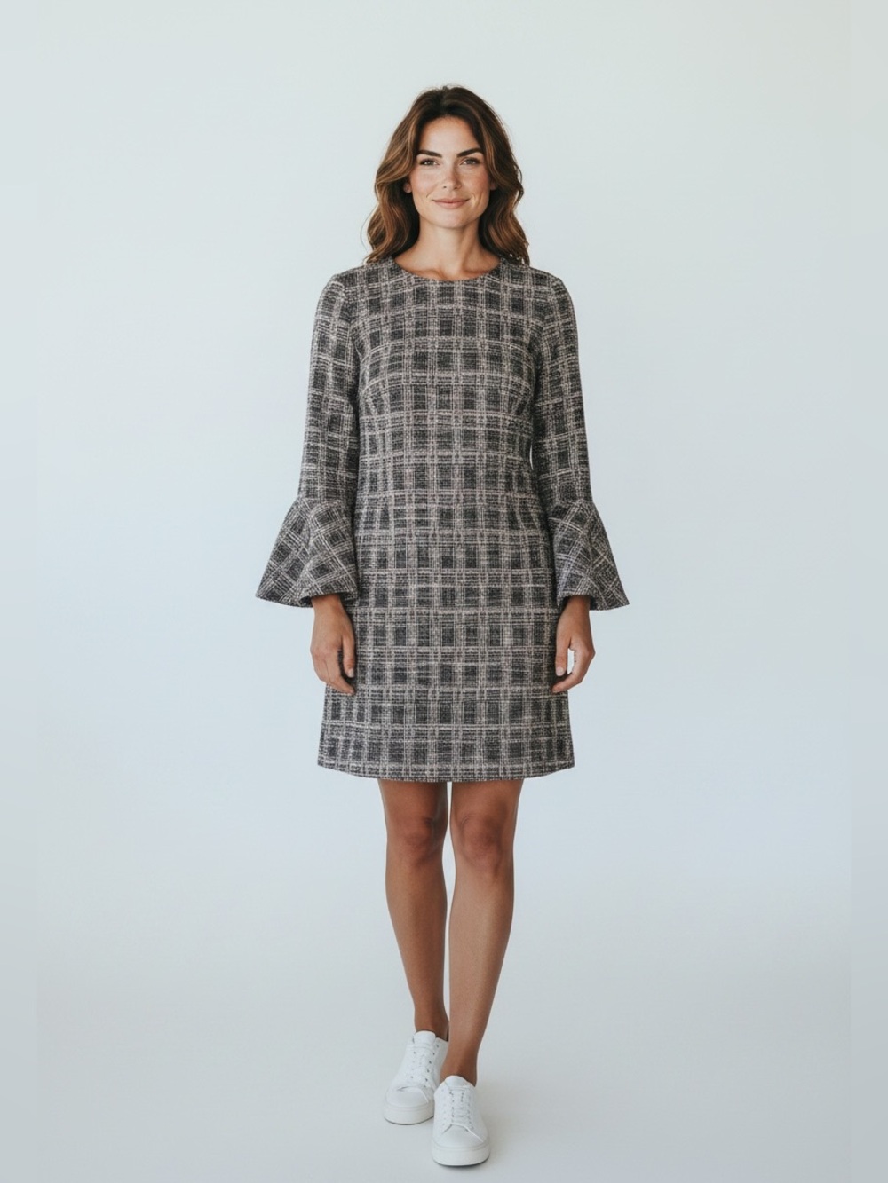 Calvin Klein Dress Women 8 Black White Plaid EUC Bell Sleeve Back Zip CD8PB86L